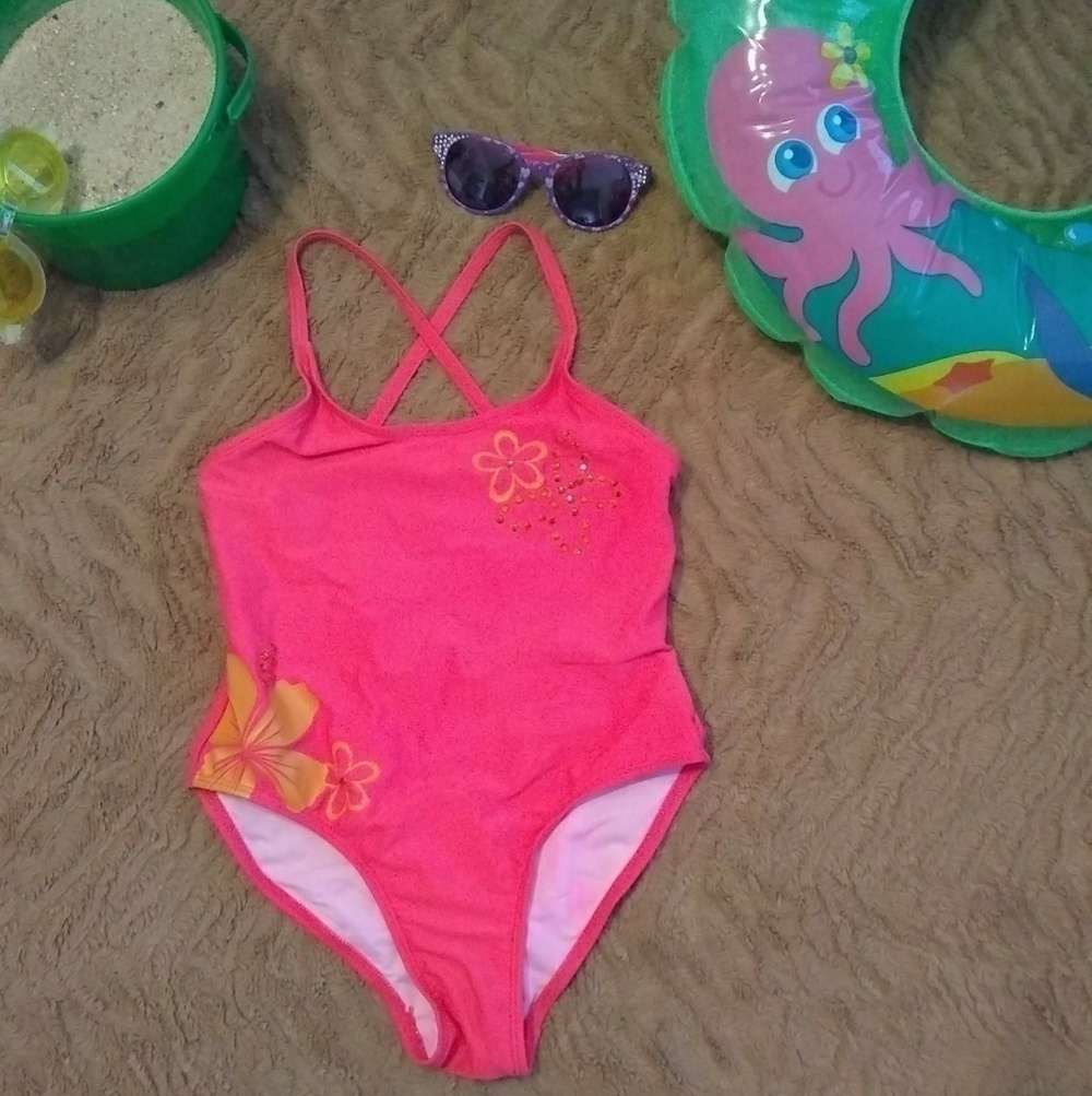 Sand N Sun Swimsuit Girls m 7/8 Pink Rhinestone‎ 90s Y2k Vintage Hawaiian Beach